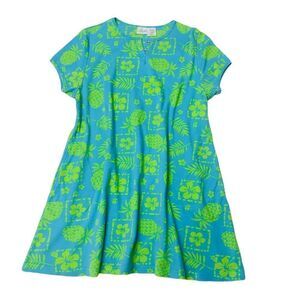 Vintage Calypso Dress Teal Yellow Tropical Floral Pineapple Printed Flared Sz L